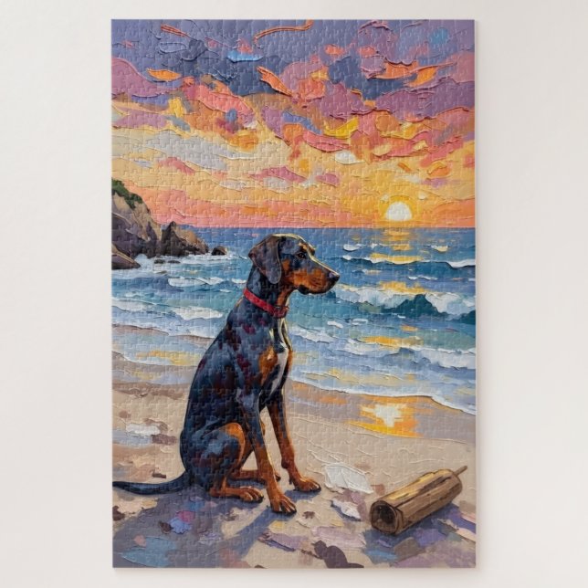 Bluetick Coonhound Sunset Beach Scene Jigsaw Puzzle (Vertical)