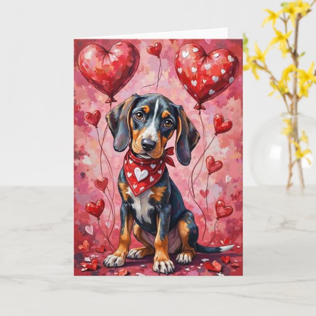 Bluetick Coonhound Valentine Dog Sitting Card (Yellow Flower)