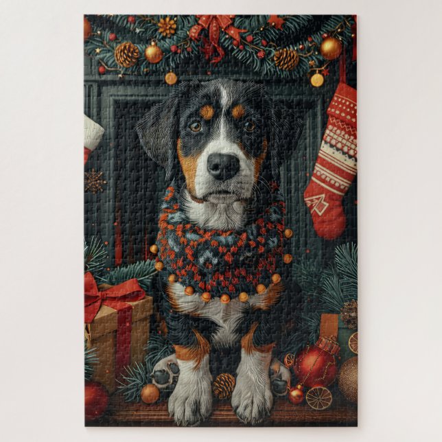 Bluetick Coonhound with Christmas Gifts Fireplace Jigsaw Puzzle (Vertical)