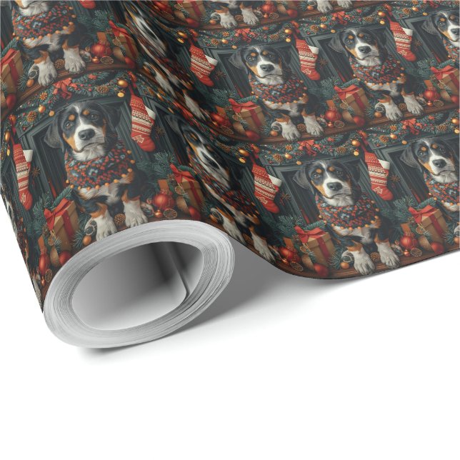Bluetick Coonhound with Christmas Gifts Fireplace Wrapping Paper (Roll Corner)
