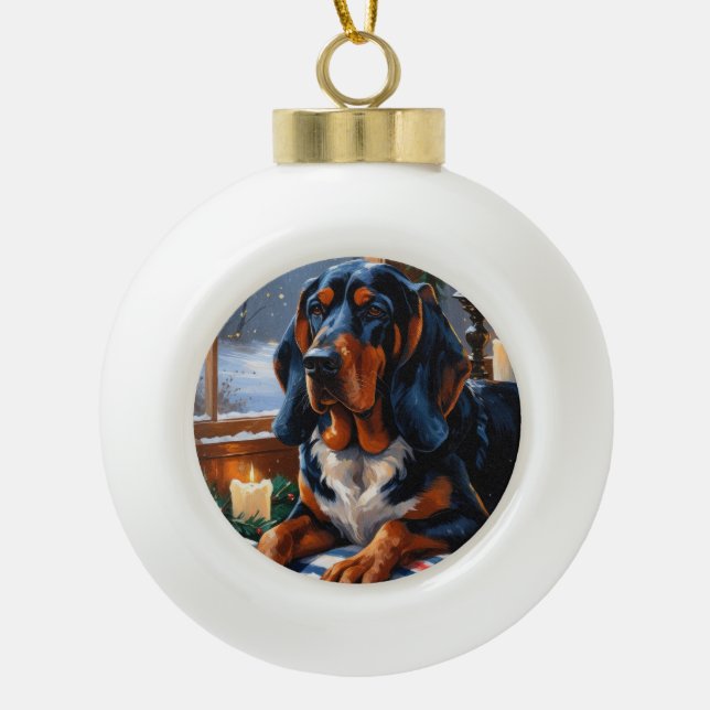 Bluetick Coonhound With Christmas Lights Holiday Ceramic Ball Christmas Ornament (Front)