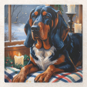 Bluetick Coonhound With Christmas Lights Holiday Glass Coaster