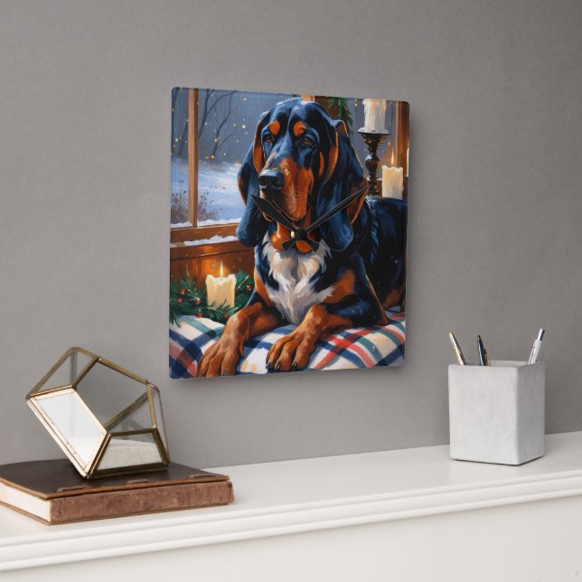 Bluetick Coonhound With Christmas Lights Holiday Square Wall Clock (Office)