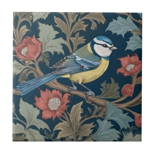 Bluetit William Morris style Right Bird Blue Tit  Ceramic Tile (Front)