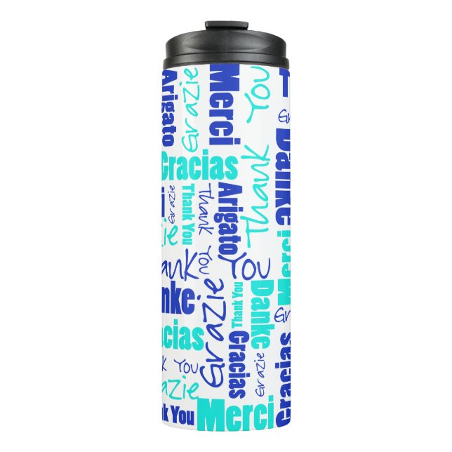 BlueTurquoise Multilingual Thank You Typography Thermal Tumbler (Front)