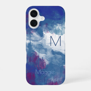 bluish, blue watercolor paint. with name, abstract iPhone 16 case