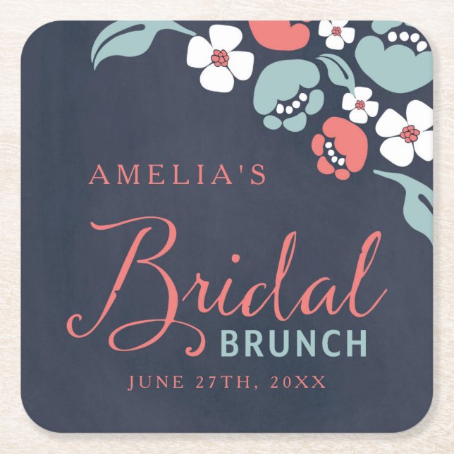 Bluish Chalkboard Floral Bridal Brunch Square Square Paper Coaster (Front)