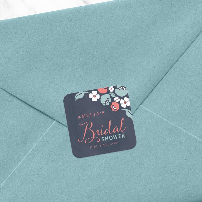 Bluish Chalkboard Floral Bridal Shower Square Sticker (Creator Uploaded)