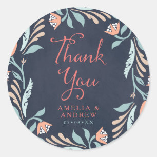 Bluish Chalkboard Floral Wedding Thank You Classic Round Sticker