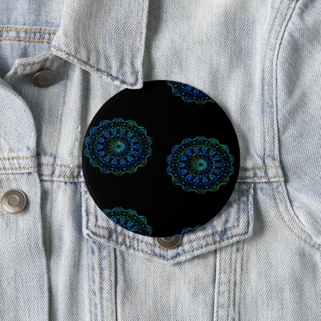 Bluish green mandala 10 cm round badge (In Situ)