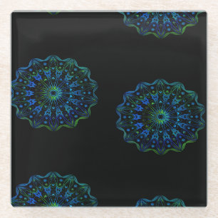 Bluish green mandala glass coaster