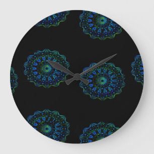 Bluish green mandala large clock