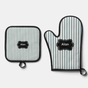 Bluish-Green Vertical Stripes Oven Mitt & Pot Holder Set