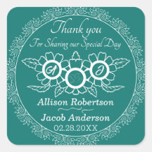 Bluish Green & White Wedding classic round sticker