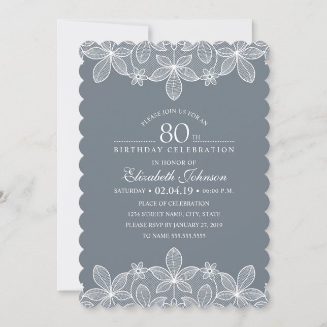 Bluish Grey 80th Birthday Party Creative Lace Invitation (Front)