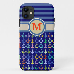 Bluish Monogram, anchors & stripes iPhone 11 Case