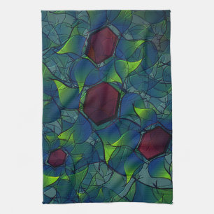 Bluish notched virtual leafy with dark red hexagon tea towel