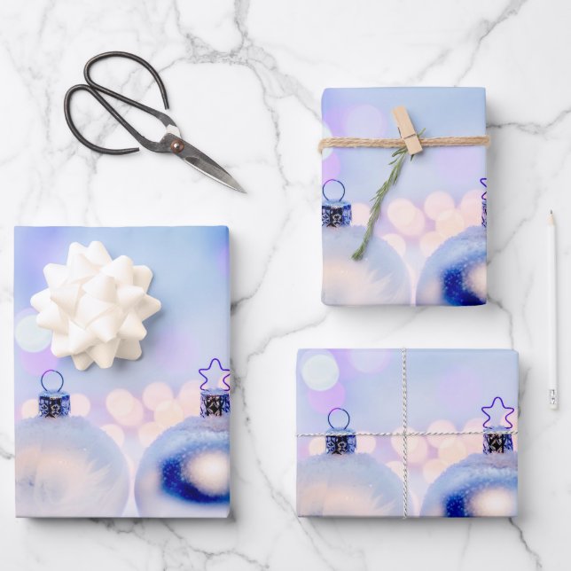Bluish Silver Christmas Decor Balls Wrapping Paper Sheet (Front)