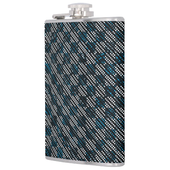Bluish weird chequered or slanted stripes, dotted hip flask (Left)