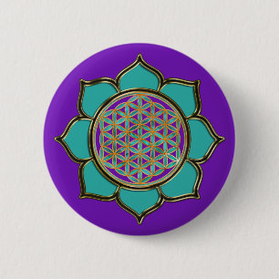 Blume des Lebens Lotus - türkis / purple 6 Cm Round Badge