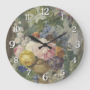 Blumenstrauß in einer Vase mit Vogelnest Large Clock