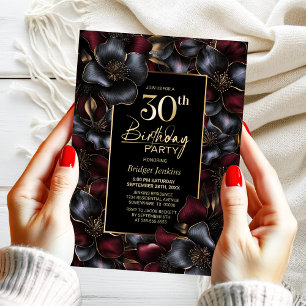 Blurgundy and Grey Floral 30th Birthday Party Invitation