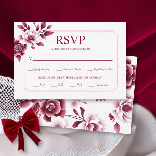 Blurgundy floral arrangement triple border wedding RSVP card