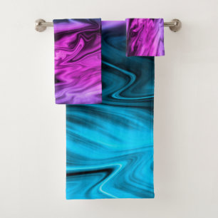 Blurred background fashionable crimson and blue  bath towel set