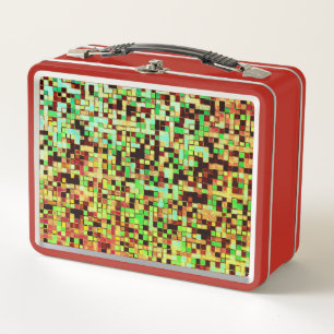 Blurred green and orange small squares or tile metal lunch box