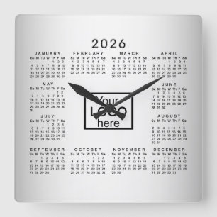 Blurred Grey Background Custom Logo 2026 Calendar Square Wall Clock