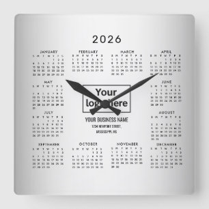 Blurred Grey Background Custom Logo 2026 Calendar Square Wall Clock