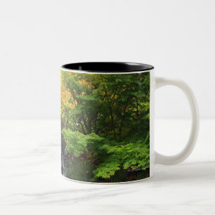 Blurred Rock Waterfall, Maple Green & Orange Trees Two-Tone Coffee Mug