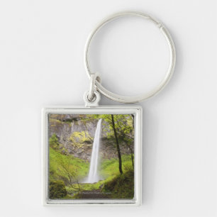 Blurred Waterfall around lush Greenery in Oregon Key Ring