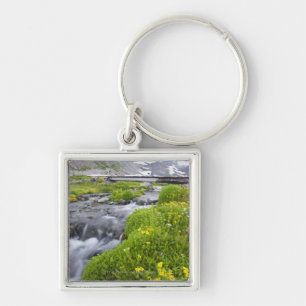 Blurry River with Yellow White Pink Wildflowers Key Ring