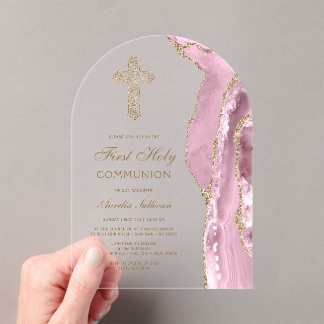 Blush Agate First Communion Acrylic Invitations (Insitu (Handheld))