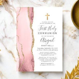  Blush Agate Gold Glitter First Holy Communion Invitation