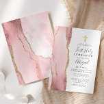 Blush Agate Gold Glitter First Holy Communion Invitation<br><div class="desc">The left-hand edge of this elegant modern first communion invitation features a blush pink watercolor agate border trimmed with faux gold glitter. A faux gold foil cross appears above the customizable text, which combines handwriting, copperplate and italic fonts in charcoal gray on a white background. The reverse side features a...</div>