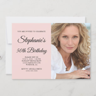 Blush and Black Elegant Script 50th Birthday Photo Invitation