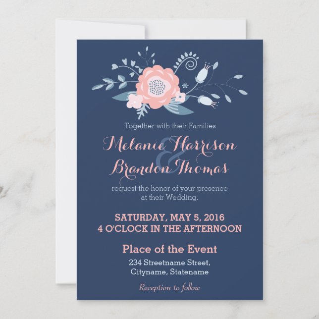 Blush and blue Boho wedding invitations with RSVP (Front)