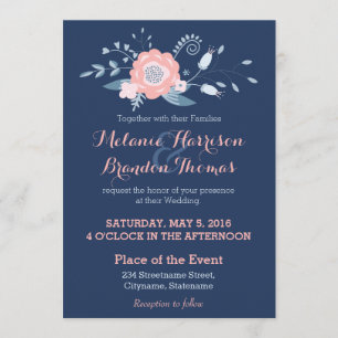 Blush and blue Boho wedding invitations with RSVP