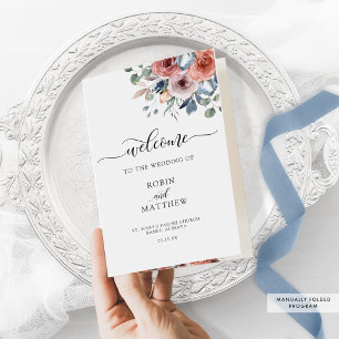 Blush and Blue Floral Folded Wedding Program
