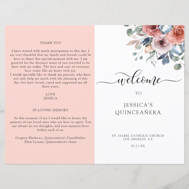Blush and Blue Floral Quinceanera Program (Front)