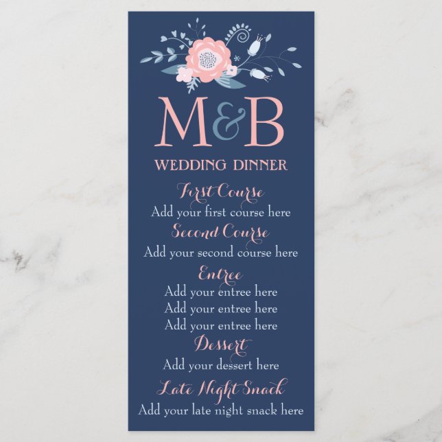Blush and blue wedding dinner menu template (Front)