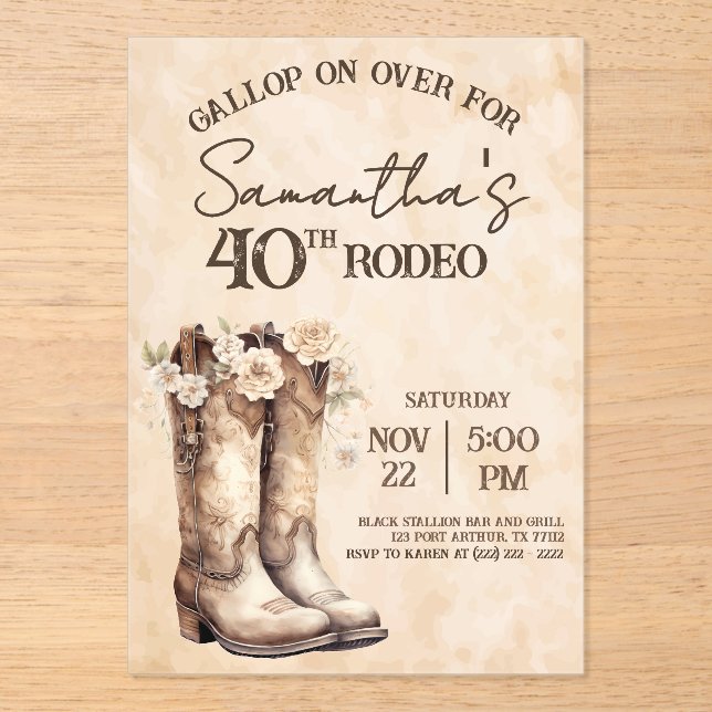 Blush and Boots 40th Rodeo Western Birthday Acrylic Invitations (Front)