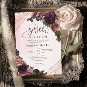 Blush and burgundy floral corners Sweet sixteen Invitation