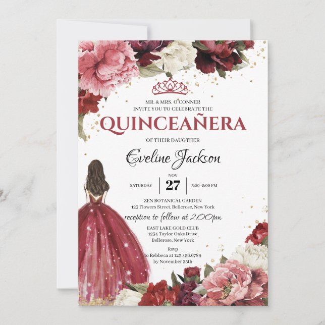 Blush and Burgundy peonies marsala Princess Dress  Invitation (Front)