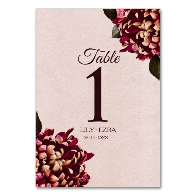 Blush and Burgundy Table Number (Front)