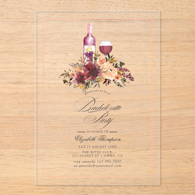 Blush and Burgundy Wine Tasting Bachelorette Party Acrylic Invitations (Front)