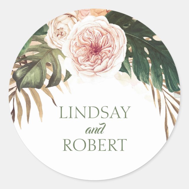 Blush and Burnt Orange Tropical Wedding Classic Round Sticker (Front)