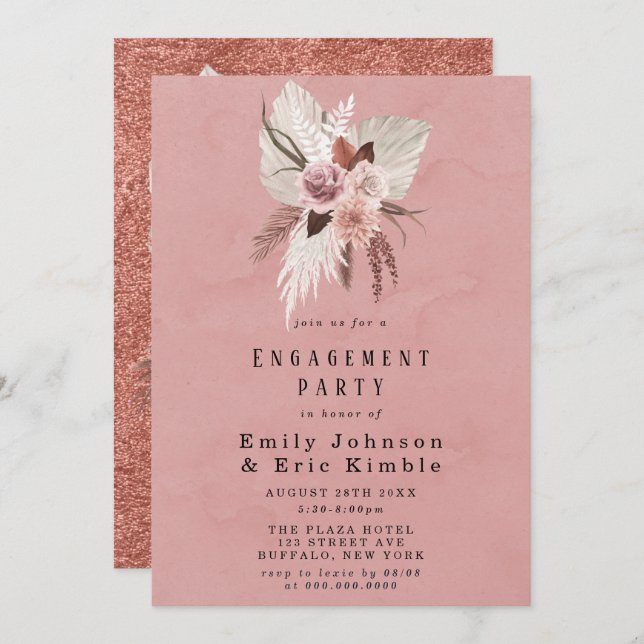 Blush and Copper Tropical Pampas Engagement Party Invitation (Front/Back)